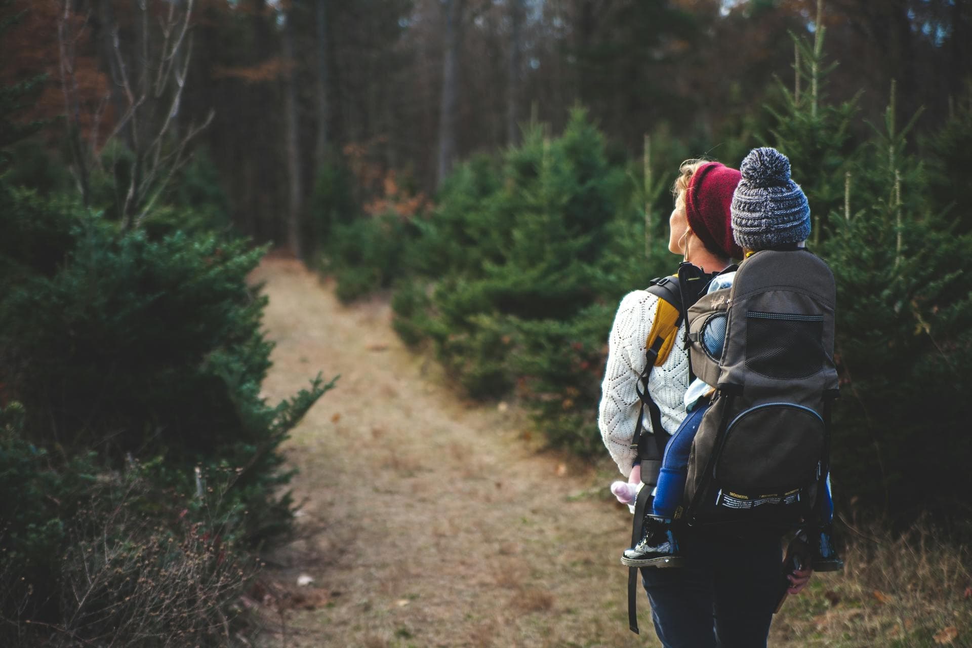 Woman and baby walking down forest path